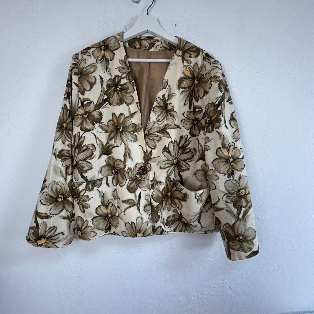 Vintage Women's Floral Single-Button Blazer Jacket with Pockets Beige Brown